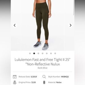 lululemon Fast and Free Tight II 25" Dark Olive Leggings